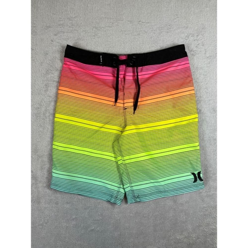 Hurley Boys Board Shorts Size 12/26 Neon Rainbow Gradient Striped Swim Trunks